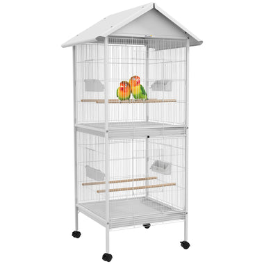 Pet Supplies-Wrought Metal Bird Cage Feeder with Rolling Stand Perches Food Containers Doors Wheels 67" H, White - Outdoor Style Company