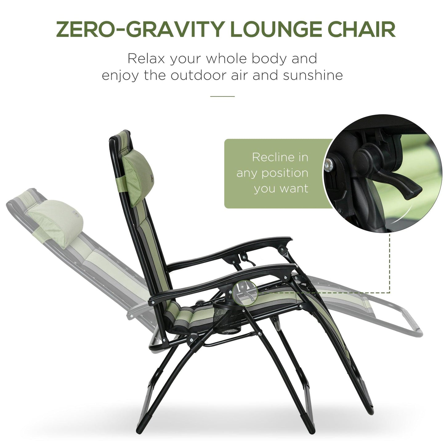 Outdoor and Garden-Zero Gravity Lounger Chair, Folding Reclining Patio Chair, with Cup Holder and Headrest, for Events and Camping, Green - Outdoor Style Company