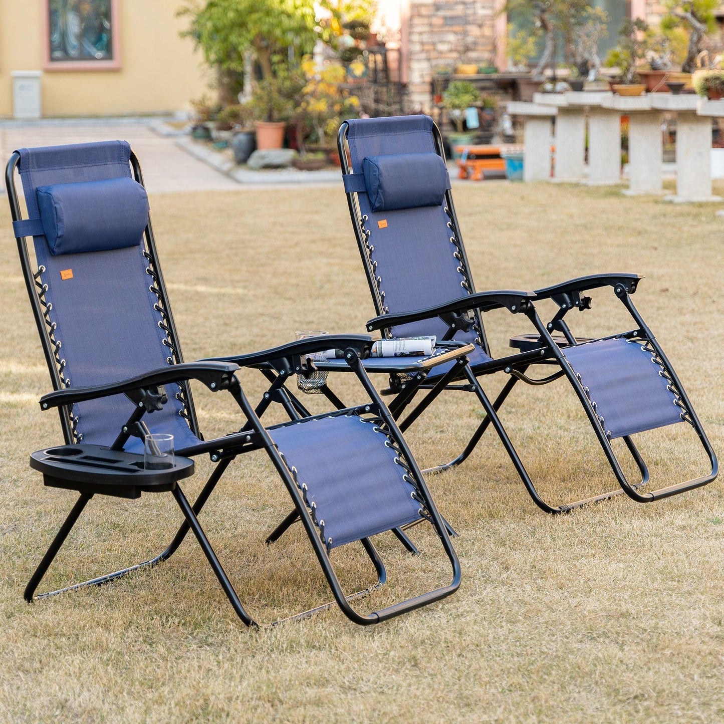 Outdoor and Garden-Zero Gravity Lounger Chair Set of 3, Folding Reclining Patio Chair with Side Table, Cup Holder and Headrest for Poolside, Camping, Blue - Outdoor Style Company