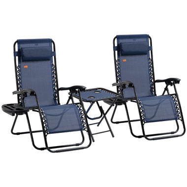 Outdoor and Garden-Zero Gravity Lounger Chair Set of 3, Folding Reclining Patio Chair with Side Table, Cup Holder and Headrest for Poolside, Camping, Blue - Outdoor Style Company