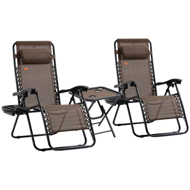 Outdoor and Garden-Zero Gravity Lounger Chair Set of 3, Folding Reclining Patio Chair with Side Table, Cup Holder and Headrest for Poolside, Camping, Brown - Outdoor Style Company
