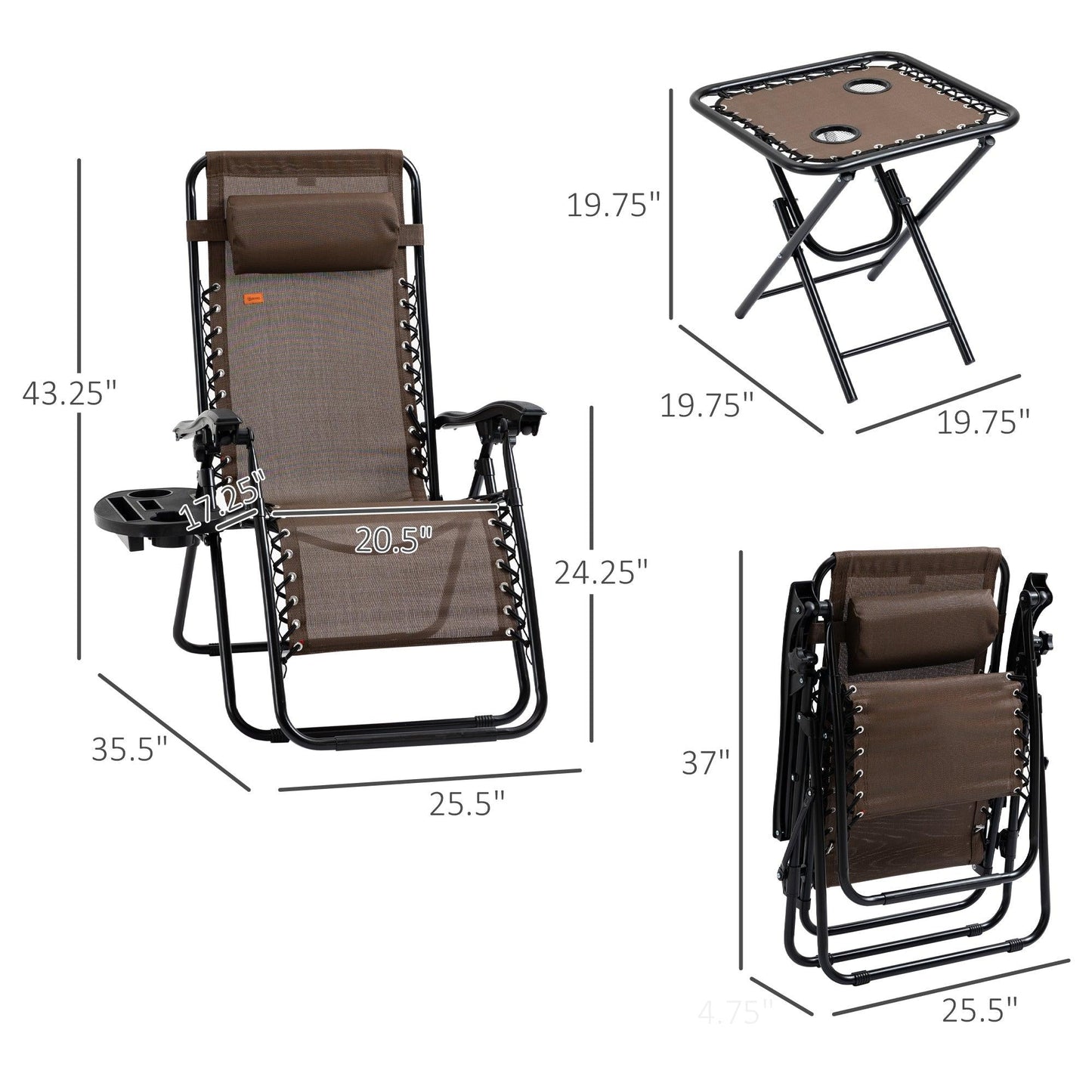 Outdoor and Garden-Zero Gravity Lounger Chair Set of 3, Folding Reclining Patio Chair with Side Table, Cup Holder and Headrest for Poolside, Camping, Brown - Outdoor Style Company