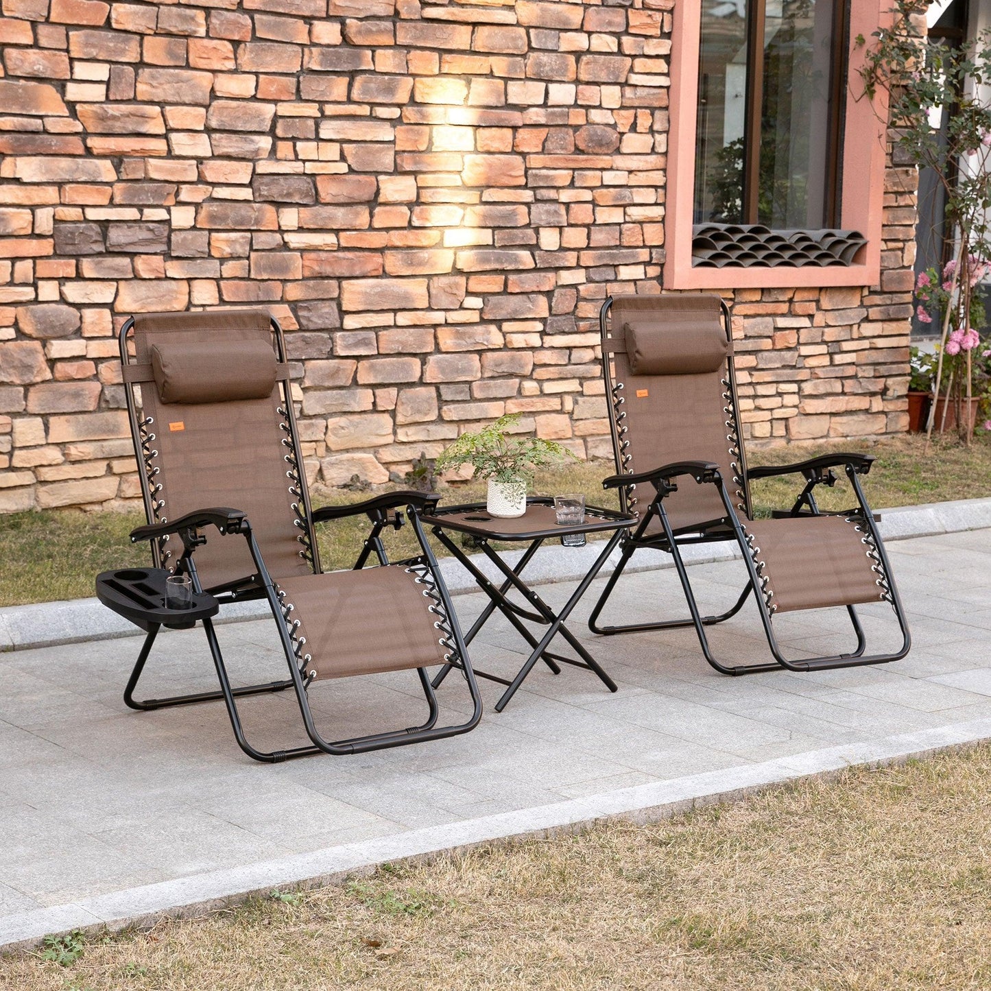 Outdoor and Garden-Zero Gravity Lounger Chair Set of 3, Folding Reclining Patio Chair with Side Table, Cup Holder and Headrest for Poolside, Camping, Brown - Outdoor Style Company