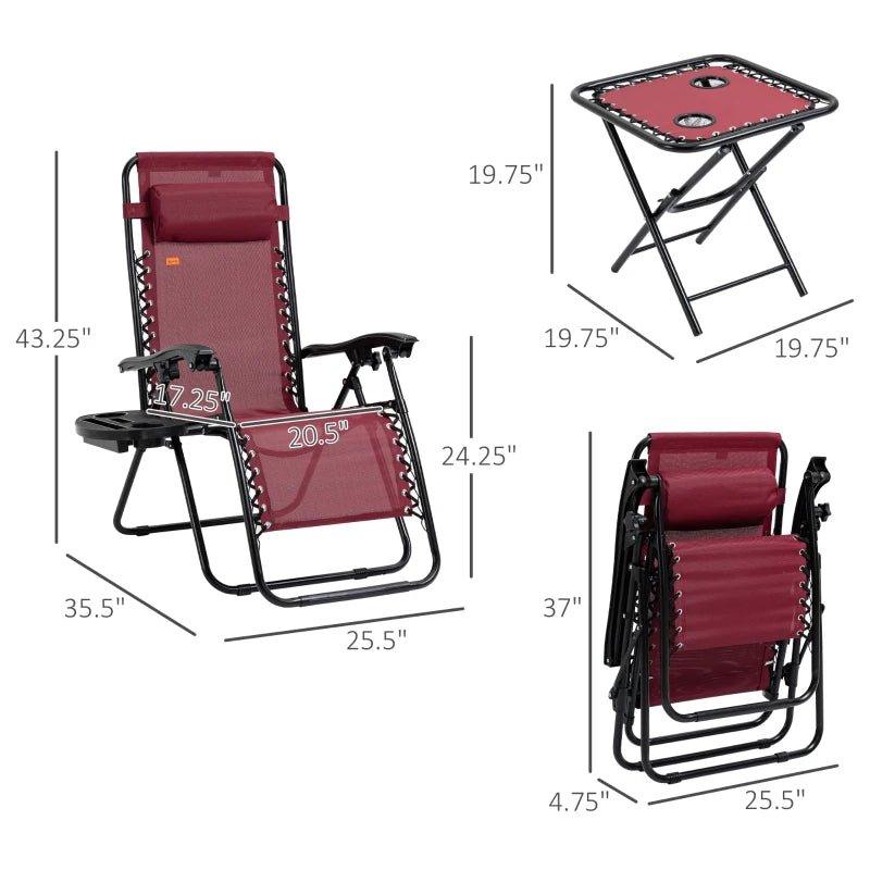 Outdoor and Garden-Zero Gravity Lounger Chair Set of 3, Folding Reclining Patio Chair with Side Table, Cup Holder and Headrest for Poolside, Camping, Wine Red - Outdoor Style Company