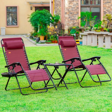 Outdoor and Garden-Zero Gravity Lounger Chair Set of 3, Folding Reclining Patio Chair with Side Table, Cup Holder and Headrest for Poolside, Camping, Wine Red - Outdoor Style Company