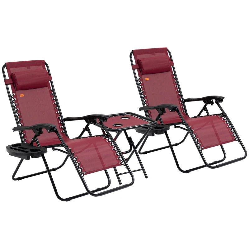 Outdoor and Garden-Zero Gravity Lounger Chair Set of 3, Folding Reclining Patio Chair with Side Table, Cup Holder and Headrest for Poolside, Camping, Wine Red - Outdoor Style Company