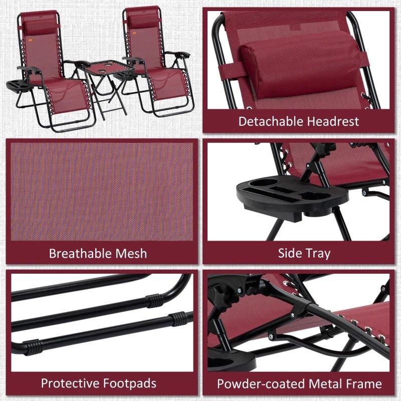 Outdoor and Garden-Zero Gravity Lounger Chair Set of 3, Folding Reclining Patio Chair with Side Table, Cup Holder and Headrest for Poolside, Camping, Wine Red - Outdoor Style Company