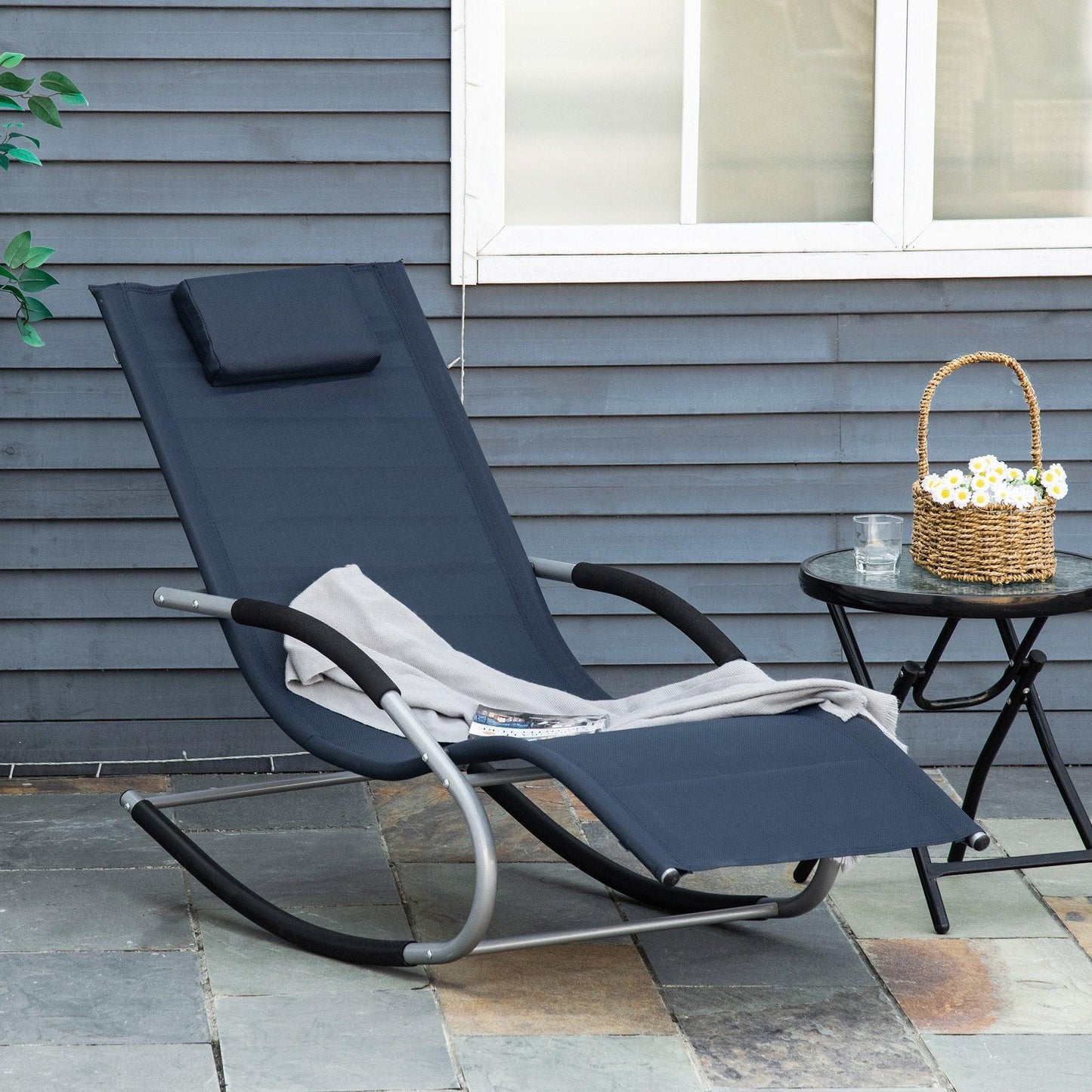 Outdoor and Garden-Zero Gravity Rocking Chair Outdoor Chaise Lounge Chair Recliner with Detachable Pillow & Durable Weather-Fighting Fabric for Pool, Navy Blue - Outdoor Style Company