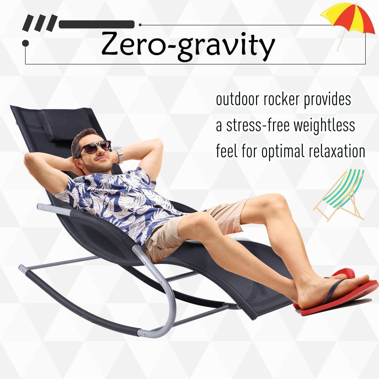 Outdoor and Garden-Zero Gravity Rocking Chair Outdoor Chaise Lounge Chair Rocker with Detachable Pillow & Durable Weather-Fighting Fabric for Deck, Black - Outdoor Style Company